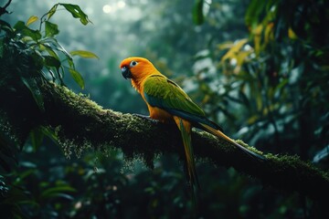 Yellow and green bird on tree branch