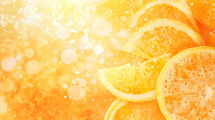 Freshly sliced oranges arranged beautifully with a vibrant, sunny background and bokeh effects
