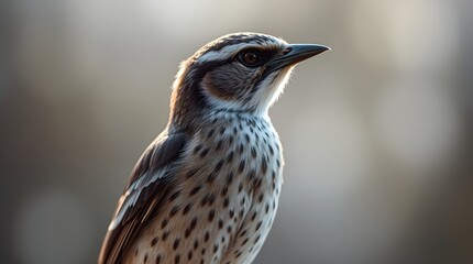 Brown avian bird of prey, a wild sparrow with a sharp beak, perches on a nature branch showing its brown feathers