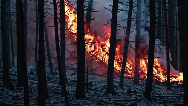 In a somber forest, through bare trees, flames devour a chaotic woodpile, creating a stark contrast between darkness and fire, with smoke rising, evoking a troubling atmosphere