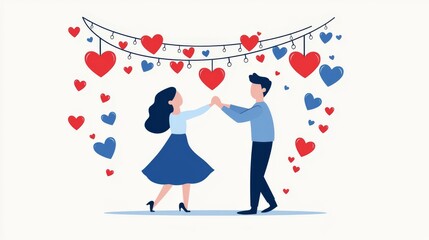 A romantic couple dancing under heart decorations, celebrating love with joy.
