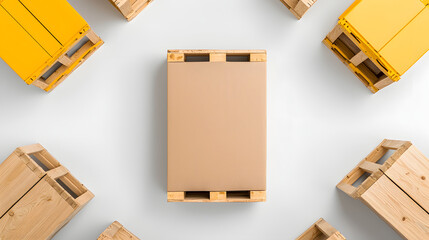 Aerial view of central cardboard box surrounded by wooden pallets in yellow and natural wood colors, creating vibrant and organized warehouse setting