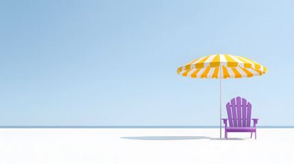 Beach relaxation spot: A purple chair sits under a yellow and white striped umbrella on a bright, sunny day. The perfect escape to unwind and enjoy the view.