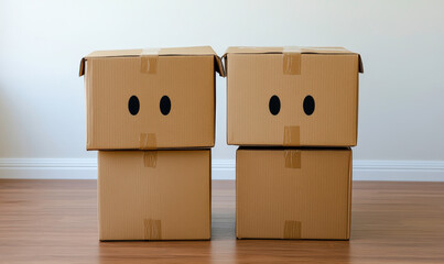 Obraz premium Cute and playful cardboard boxes with faces sitting on a wooden floor, perfect for creative backgrounds and packaging concepts in various projects