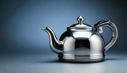 Enjoying a serene moment with a polished metal teapot on a soft blue background