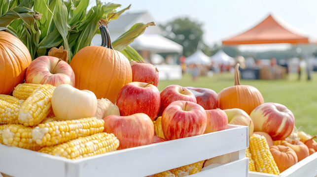 vibrant harvest festival display featuring pumpkins, apples, and corn, showcasing abundance of autumn produce. scene evokes festive atmosphere with colorful fruits and vegetables