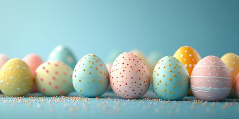 Colorful decorated eggs arranged on blue surface for spring celebration or Easter festivities