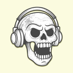 angry skull with headphone black and white design