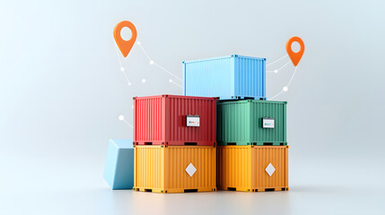 3D illustration of colorful cargo containers stacked with location markers, representing logistics and shipping. vibrant colors and modern design convey sense of organization and efficiency