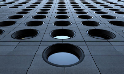 Innovative Architectural Design Featuring Circular Windows on a Modern Building Facade Highlighting Texture and Depth with a Unique Perspective