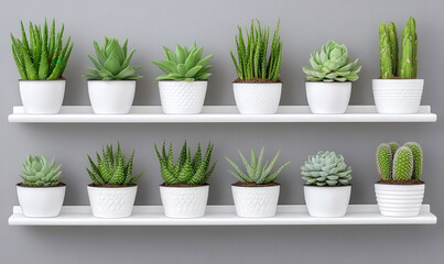 Fototapeta premium Stylish Indoor Plant Shelf Display Featuring Various Succulents and Cacti in Modern White Pots on Gray Wall for Home Decoration Inspiration
