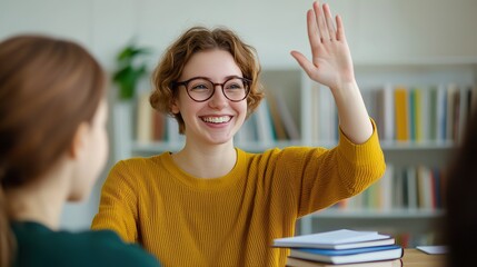 Cheerful teacher engages excited student in positive classroom learning environment