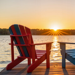 Colorful Adirondack chairs by serene lake at sunset, peaceful refuge