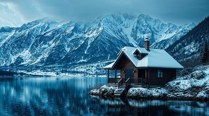 Fototapeta premium Extreme Macro Close-Up: Lakeside House with Snowy Mountain Backdrop in Rich Burgundy and Deep Blue Tones