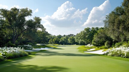 Lush green golf course fairway, sunny day, trees, clouds. Ideal for travel brochures