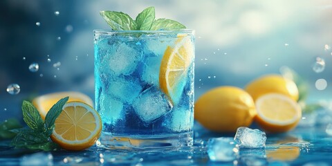 Refreshing blue cocktail with ice and lemon garnishments enjoyed on a summer afternoon