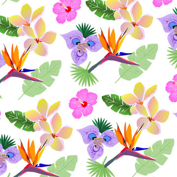 Pattern con fiori e foglie tropicali
