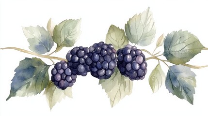 Fototapeta premium Harvesting blackberries in nature watercolor illustration fresh berries botanical art