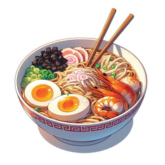 A high-quality, high-resolution anime-style vector illustration of a bowl of lighcolored ramen with a couple of chopsticks on a simple white background. The ramen contains broth, noodles, and colorful