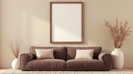 Living room interior in trendy mocha mousse color 2025 with a soft sofa, a vase with dry grass and a blank poster mockup in a frame on the wall
