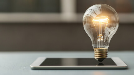 Light bulb held near tablet, focused on innovation and technological inspiration.