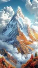 Obraz premium Majestic snow-covered mountain peak with autumn foliage in the foreground and a dramatic sky with fluffy clouds above.