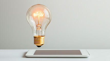 Light bulb held near tablet, focused on innovation and technological inspiration.
