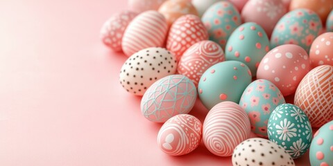 Obraz premium Decorative dyed eggs arranged on a pastel background for spring celebrations and festive traditions