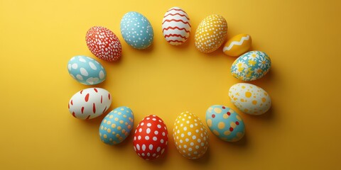 Colorful decorated eggs arranged in a circular pattern on a bright yellow background for Easter festivities