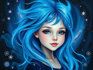 Naklejka premium A girl with vibrant blue hair and stars painted on her face