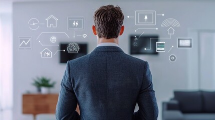 Businessman managing energy solutions in modern home digital interaction smart living contemporary viewpoint