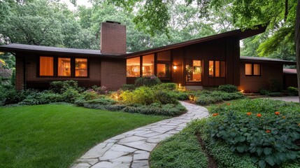 Fototapeta premium A modern home with large windows, a stone pathway, and lush green landscaping in a suburban area.