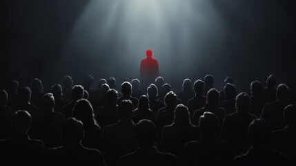 A crowd of matte black silhouettes, one red figure under a spotlight, symbolizing insider threat risks.