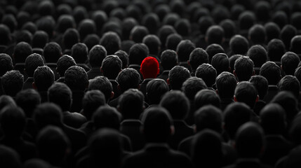 Obraz premium Black crowd with a stark red figure highlighted, symbolizing the threat within data environments.