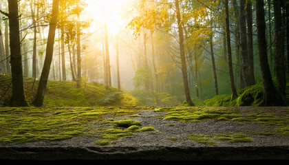 Obraz premium A dark volcanic stone table with a rough, porous texture, featuring green moss stains. Perfect for product display in natural, rustic settings, ideal for eco-friendly or outdoor product promotions.