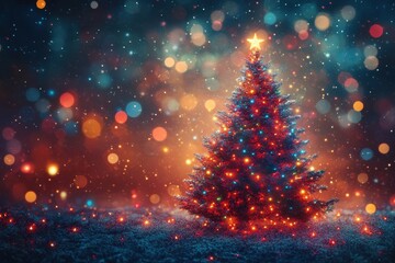 A vibrant Christmas tree decorated with twinkling lights and topped with a shimmering star stands tall against a winter night backdrop, illuminated by beautiful bokeh