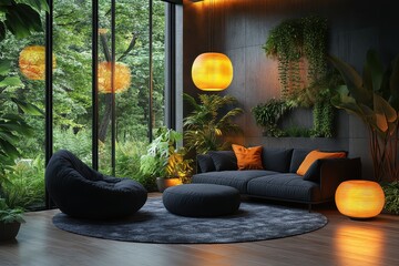 The cozy lounge area features contemporary decor paired with lush greenery, creating a tranquil atmosphere for relaxation in a serene indoor environment immersed in nature