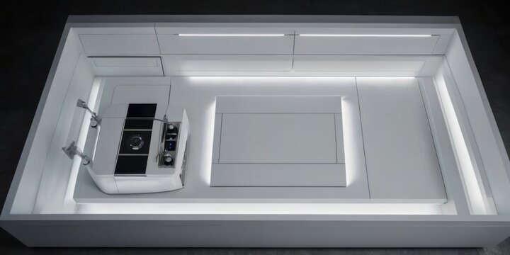 Clean and minimalist white kitchen with modern appliance