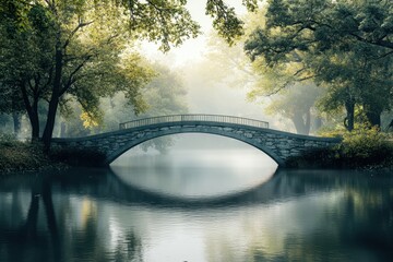 Misty morning view of a stone bridge surrounded by trees over a calm lake