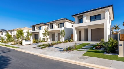 Fototapeta premium A row of brand-new suburban houses with modern architecture, neatly landscaped lawns, and driveways.
