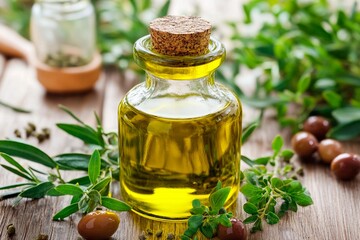 Olive oil drizzles amidst fresh herbs and ripe olives in a rustic kitchen setting