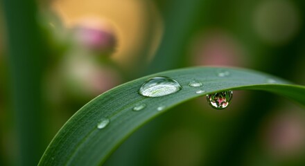 A close-up macro shot of a raindrop on a fresh green leaf after a gentle spring shower
