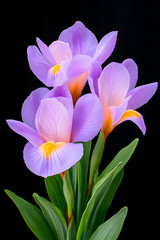 Naklejka premium Purple Iris Flowers Bloom Against Dark Backdrop, Beauty for Card, Stationery. Generative AI