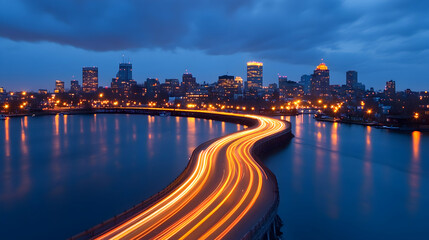 Fototapeta premium Road's light trails into illuminated city on river at night. Stock photo. Generative AI