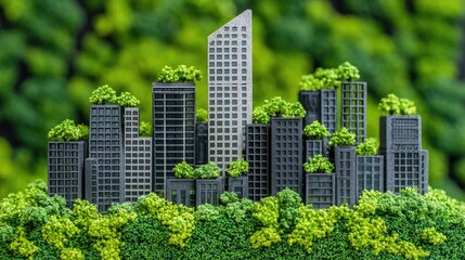Fototapeta premium Green city model, sustainable urban landscape, eco-friendly buildings, nature background, environmental concept
