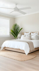 Fototapeta premium Serene bedroom with natural light, tropical plant. Interior design and real estate. Generative AI