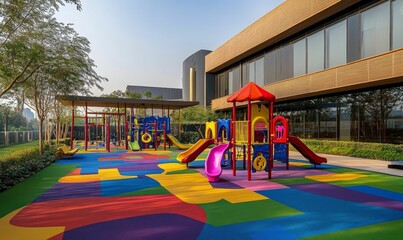 Colorful playground beside modern building, sunny day.