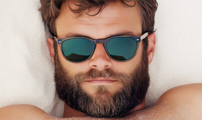 Relaxed Man with Stylish Sunglasses Enjoying Sunlight on Beach Towel, Ideal for Summer, Vacation, and Leisure Activities in a Tropical Setting