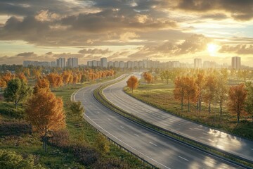 Scenic view of a winding road through autumn trees at sunrise near a city