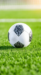 Obraz premium Soccer ball lies on the grass of a stadium. Background out of focus. Sport. Generative AI